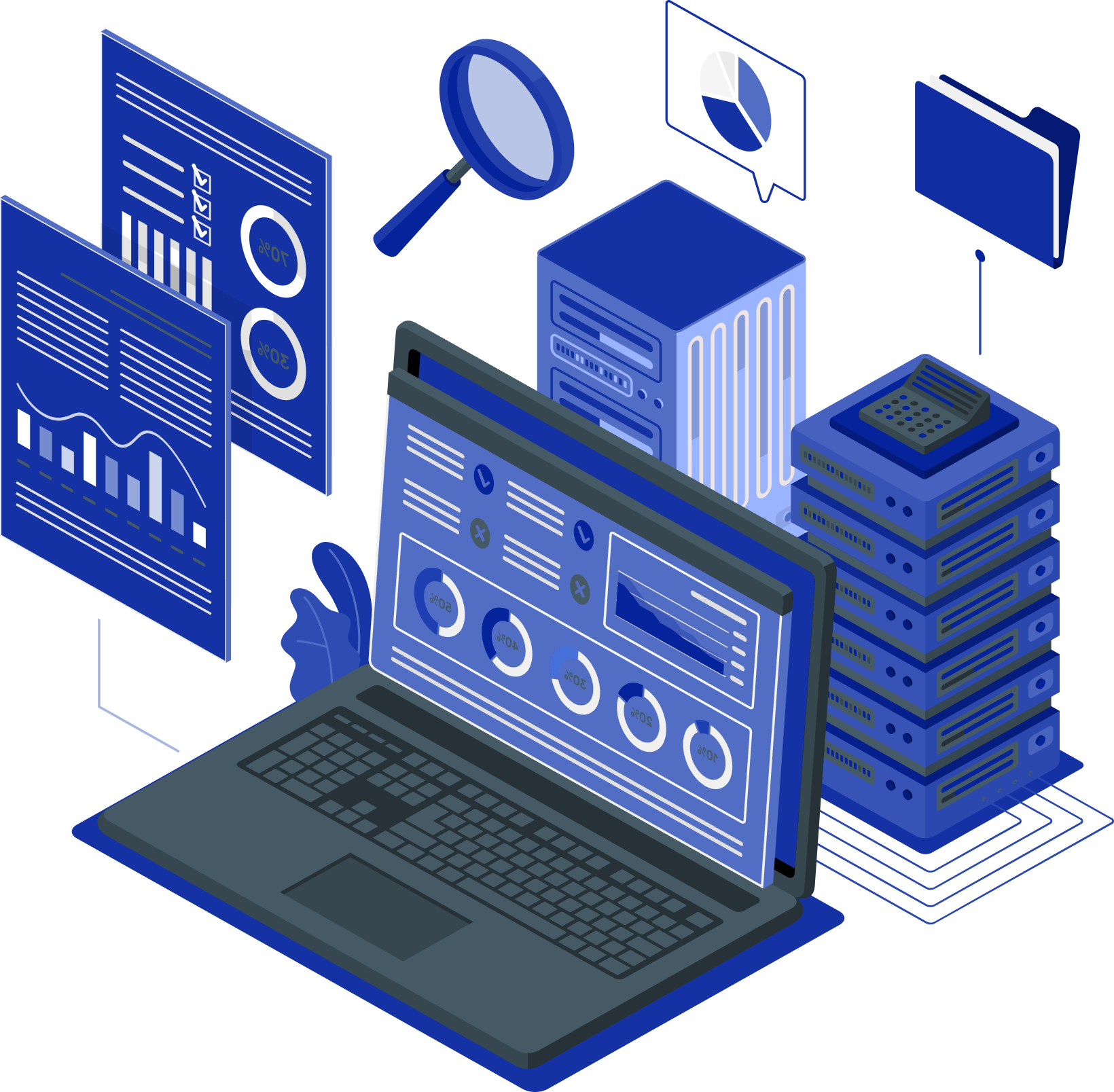 Computer with a magnifying glass over it representing our analysis and risk management capabilities