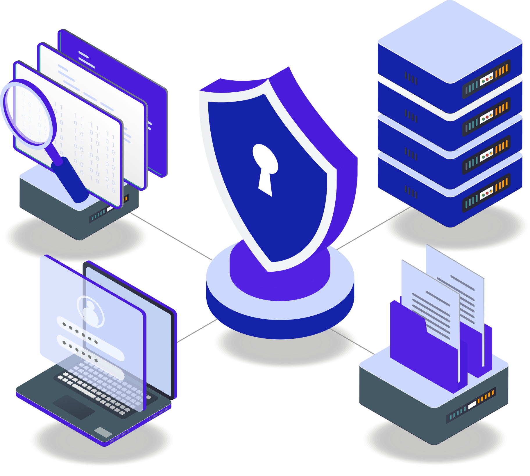Computer with a magnifying glass over it representing our analysis and risk management capabilities